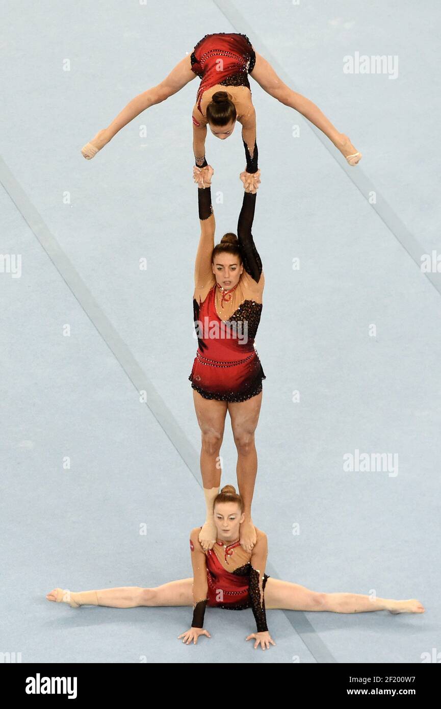 Tiphanie Bonnet, Agathe Meunier, Laura Viaud compete in Gymnastics Acrobatic women's group during the 1st European Olympic Games 2015 in Baku, Azerbaijan, Day 7, on June 19, 2015 - Photo Philippe Millereau / KMSP / DPPI Stock Photo