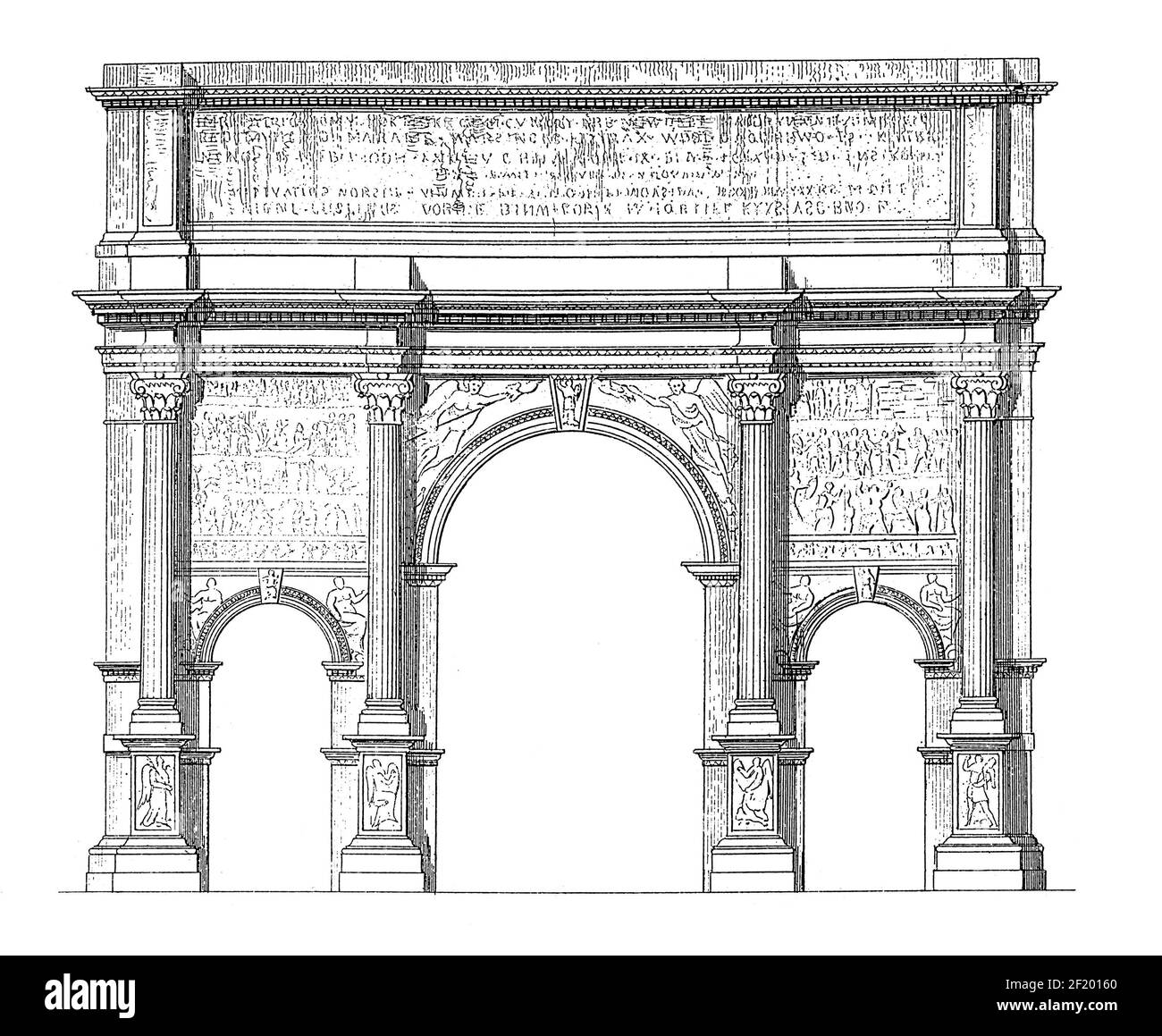 Antique 19th-century illustration of the arch of Septimius Severus in Rome, Italy. Published in Systematischer Bilder-Atlas zum Conversations-Lexikon, Stock Photo