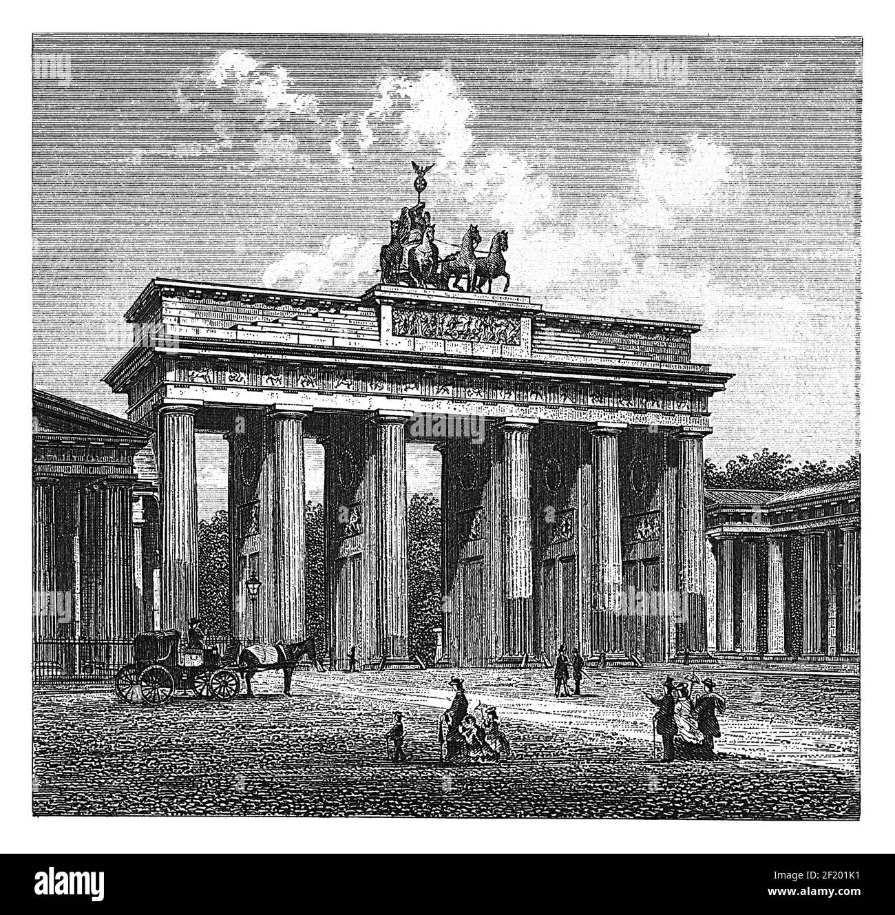 19th-century engraving of the Brandenburg Gate in Berlin, Germany. Published in Systematischer Bilder-Atlas zum Conversations-Lexikon, Ikonographische Stock Photo