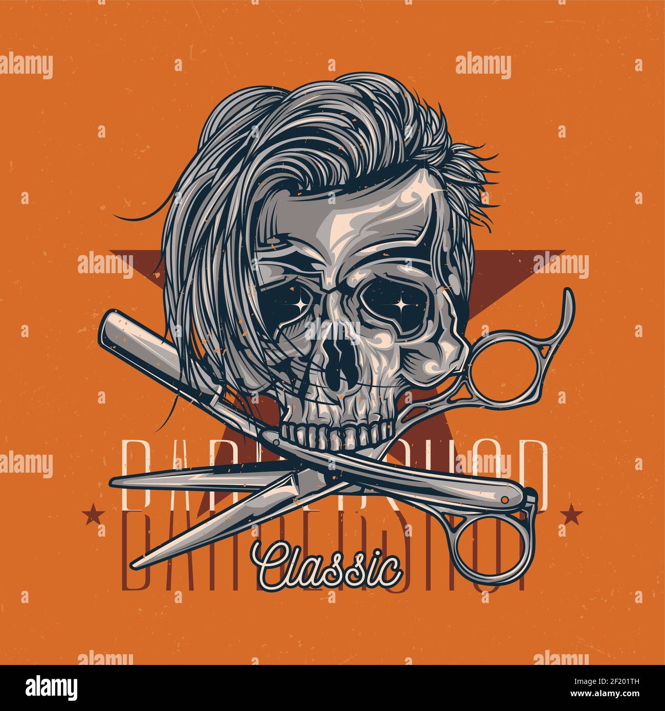 Barbershop theme t-shirt label design with illustration of hairy skull ...