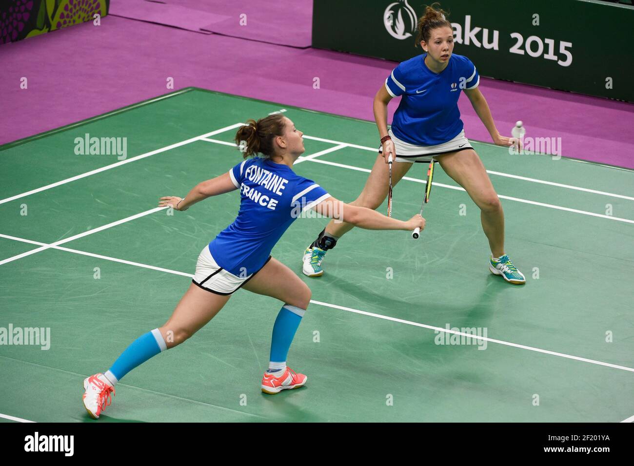Lorraine Baumann and Audrey Fontaine of France compete in Badminton Women?s  Doubles during the 1st
