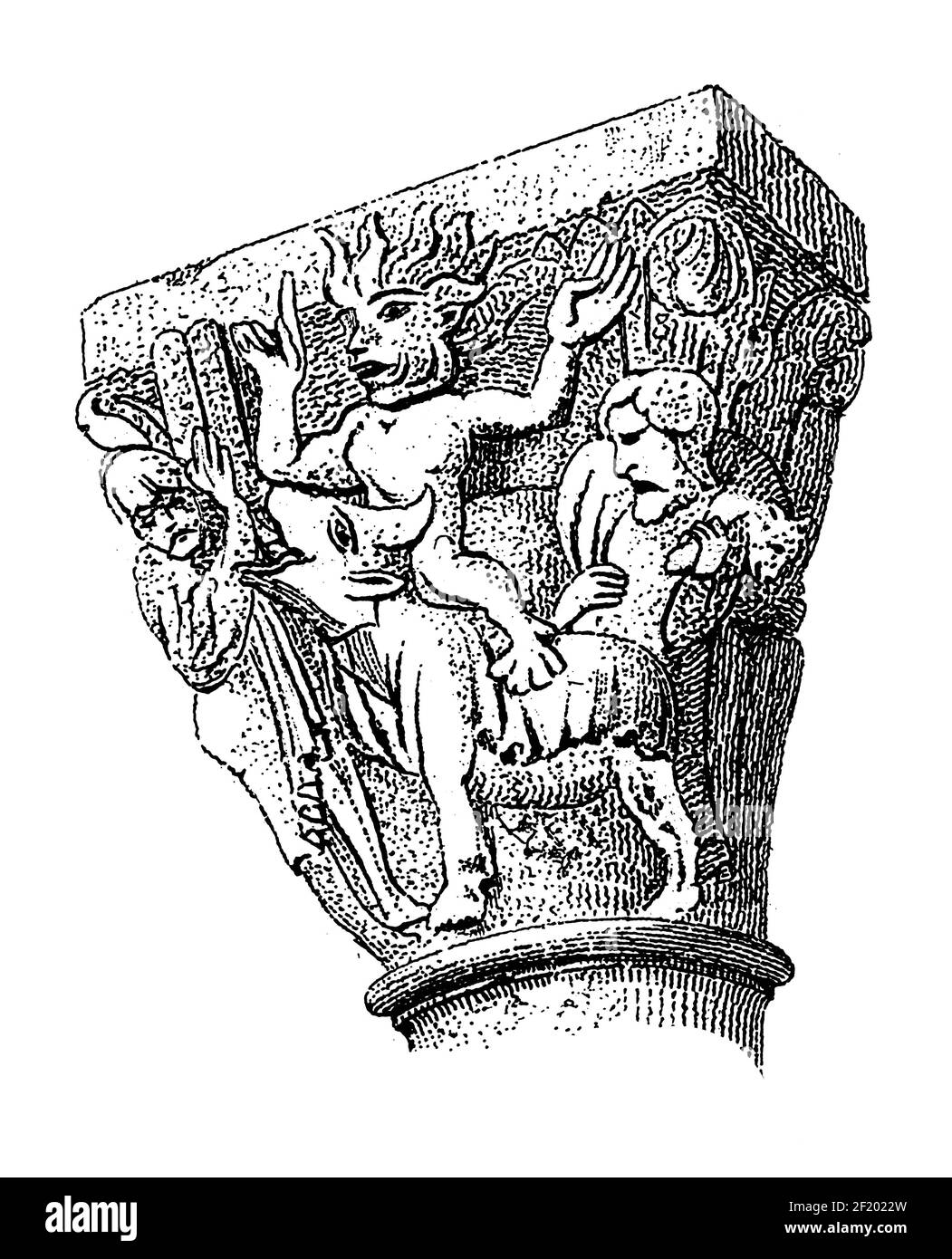 Antique 19th-century illustration of capital from Vezelay Abbey. Published in Systematischer Bilder-Atlas zum Conversations-Lexikon, Ikonographische E Stock Photo