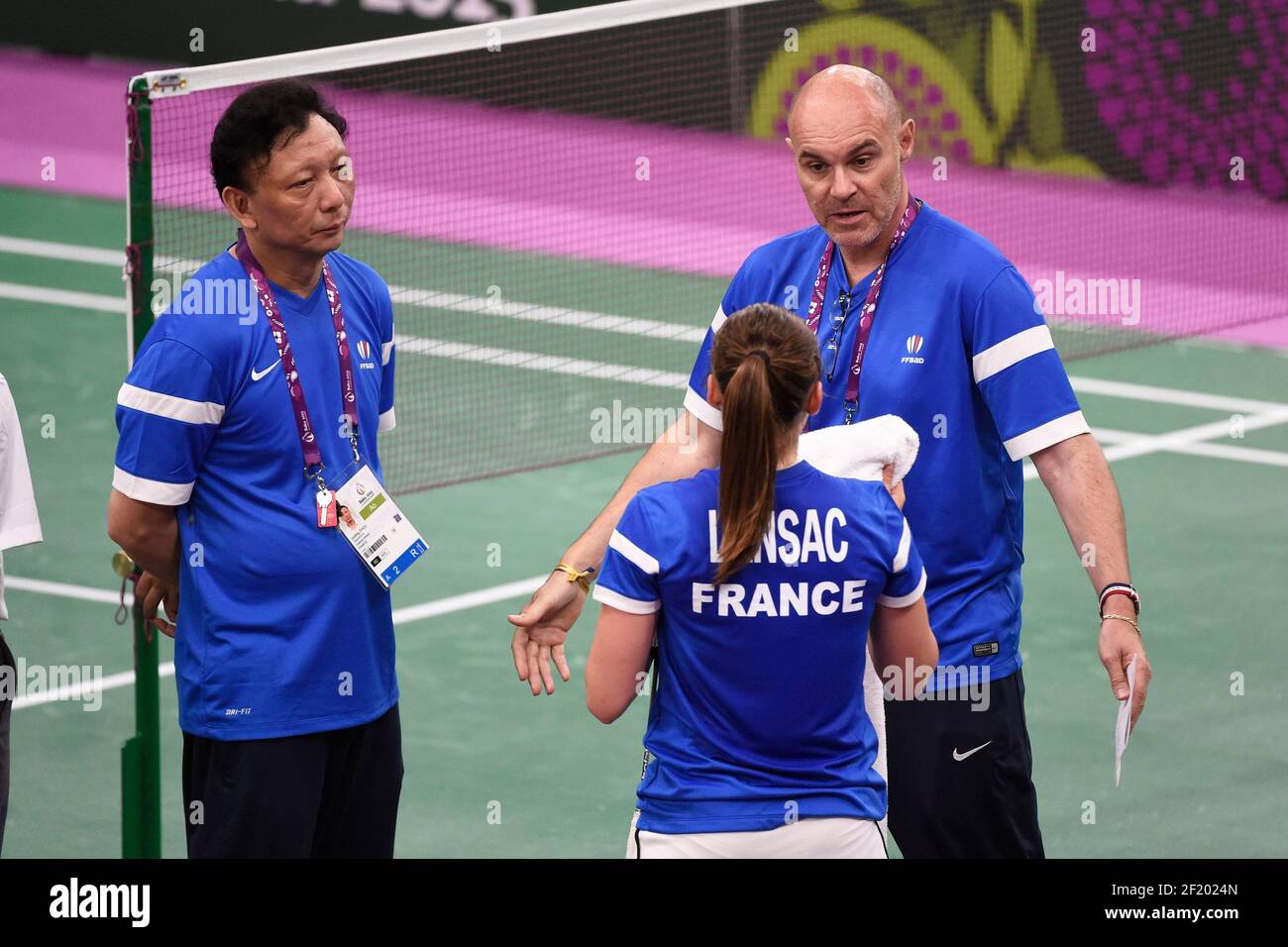 Delphine Lansac of France competes in Badminton Womens Singles coached by  Zhou Jungling and Fabrice Vallet during the 1st European Games 2015 in  Baku, Azerbaijan, Day 10, on June 22, 2015 -