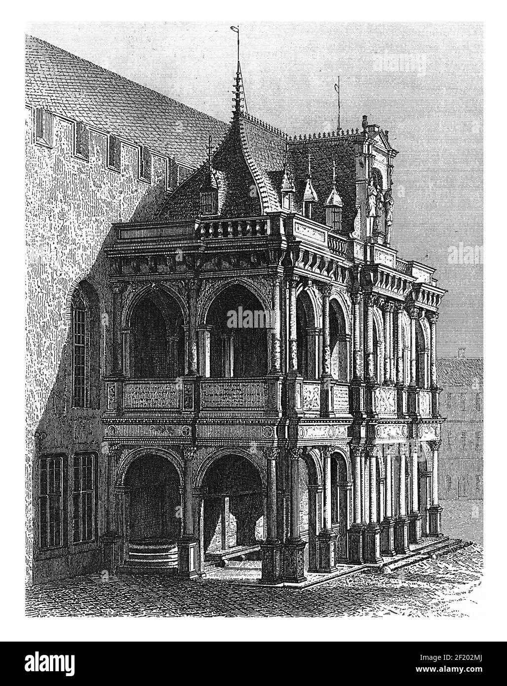 19th-century engraving of Cologne City Hall. Published in Systematischer Bilder-Atlas zum Conversations-Lexikon, Ikonographische Encyklopaedie der Wis Stock Photo