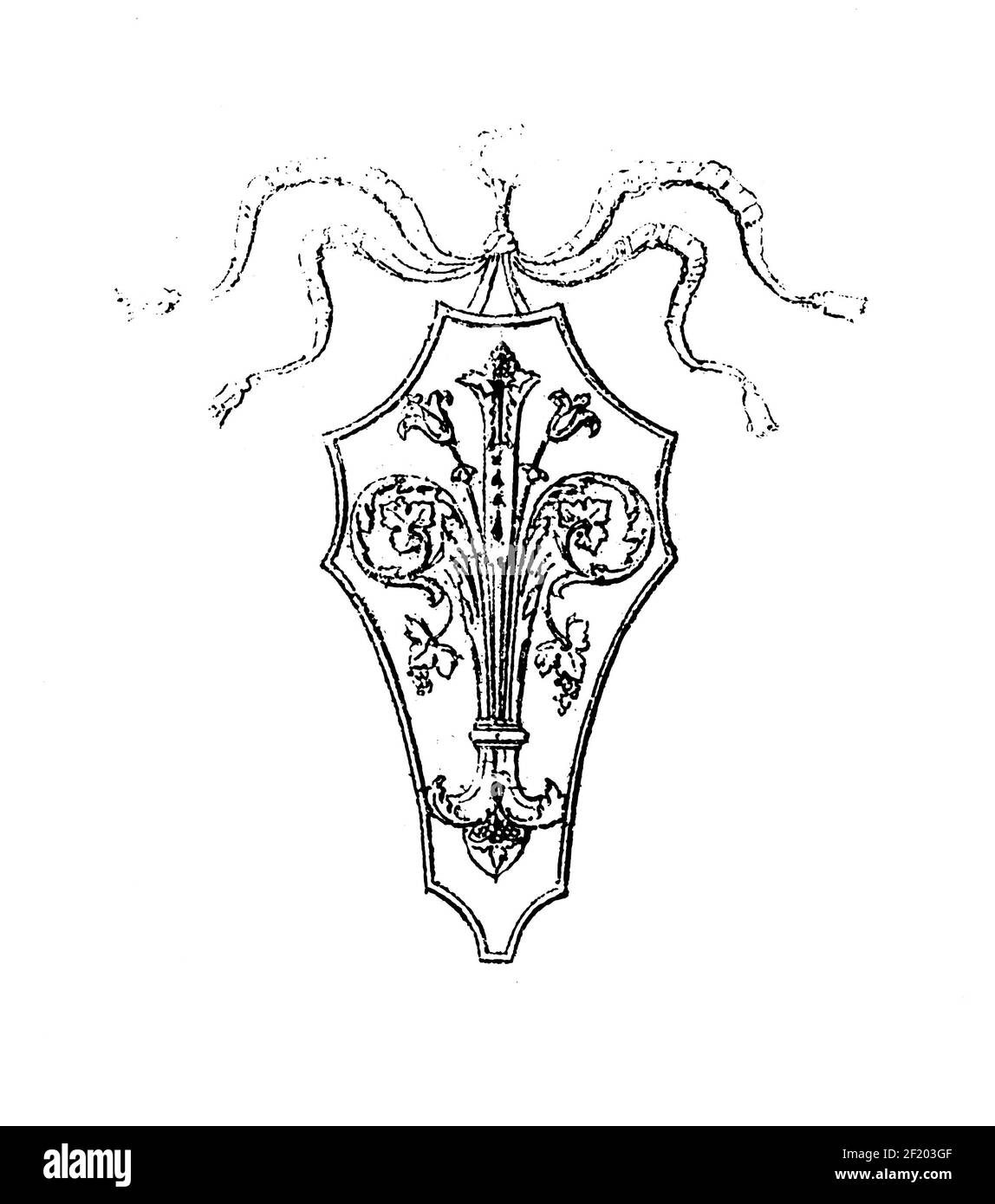 19th-century engraving of escutcheon from tomb of Francesco Tornabuoni in Santa Maria sopra Minerva. Published in Systematischer Bilder-Atlas zum Conv Stock Photo