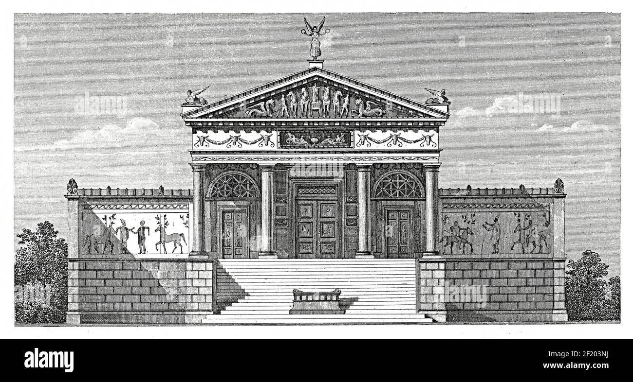 19th-century engraving of an Etruscan temple. Published in Systematischer Bilder-Atlas zum Conversations-Lexikon, Ikonographische Encyklopaedie der Wi Stock Photo