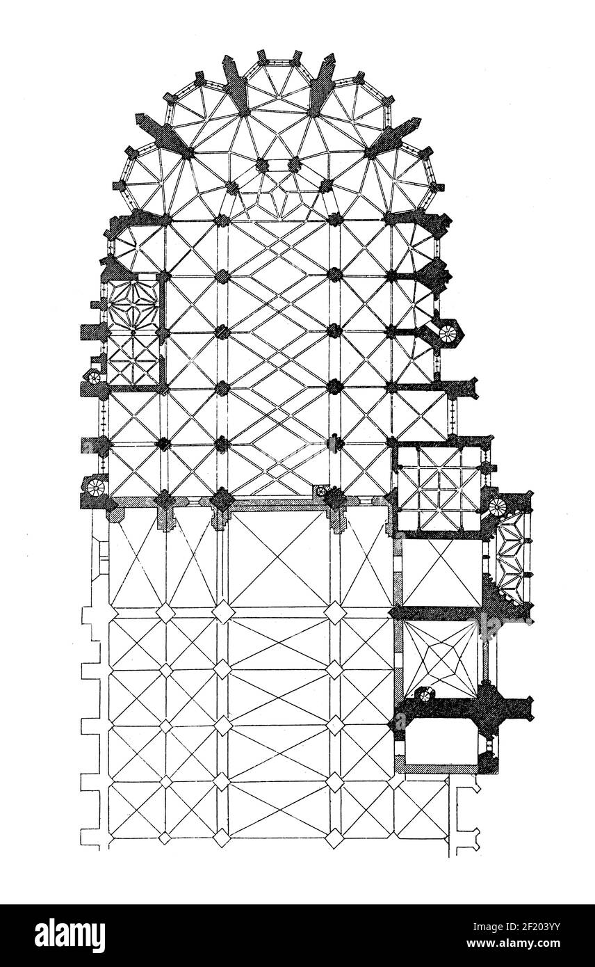 Antique engraving of floor plan of St. Vitus Cathedral in Prague, Czech Republic. Published in Systematischer Bilder-Atlas zum Conversations-Lexikon, Stock Photo