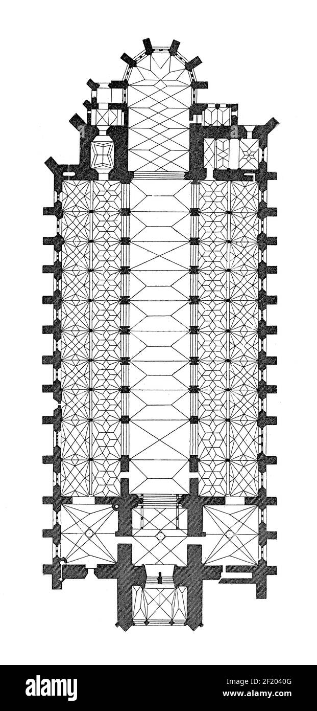 19th-century illustration of floor plan of Ulm Minster. Published in Systematischer Bilder-Atlas zum Conversations-Lexikon, Ikonographische Encyklopae Stock Photo