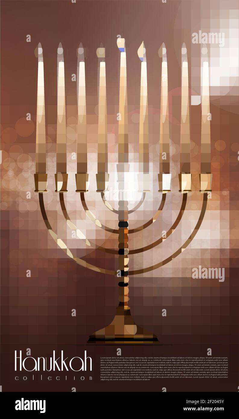 Realistic Happy Hanukkah concept with burning candles in menorah on