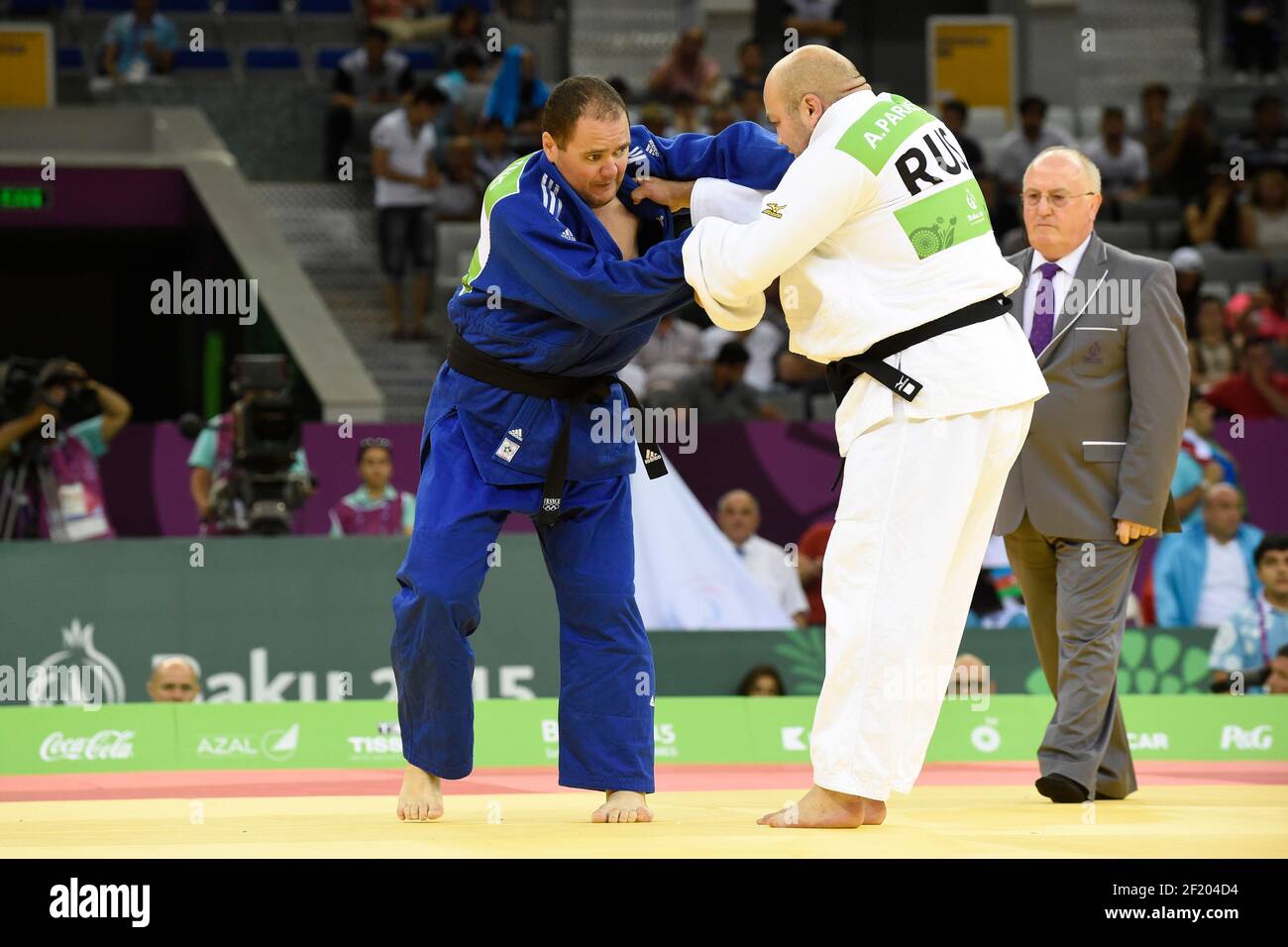 Julien Taurines of France (blue) competes in Judo Blind Men's +90kg against  Aleksandr Parasiuk of Russia (white) during the 1st European Games 2015 in  Baku, Azerbaijan, Day 14, on June 26, 2015 -