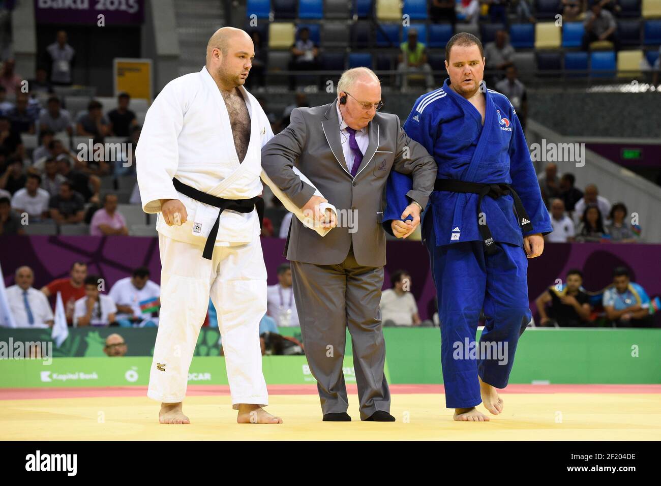 Julien Taurines of France (blue) competes in Judo Blind Men's +90kg against  Aleksandr Parasiuk of Russia (white) during the 1st European Games 2015 in  Baku, Azerbaijan, Day 14, on June 26, 2015 -