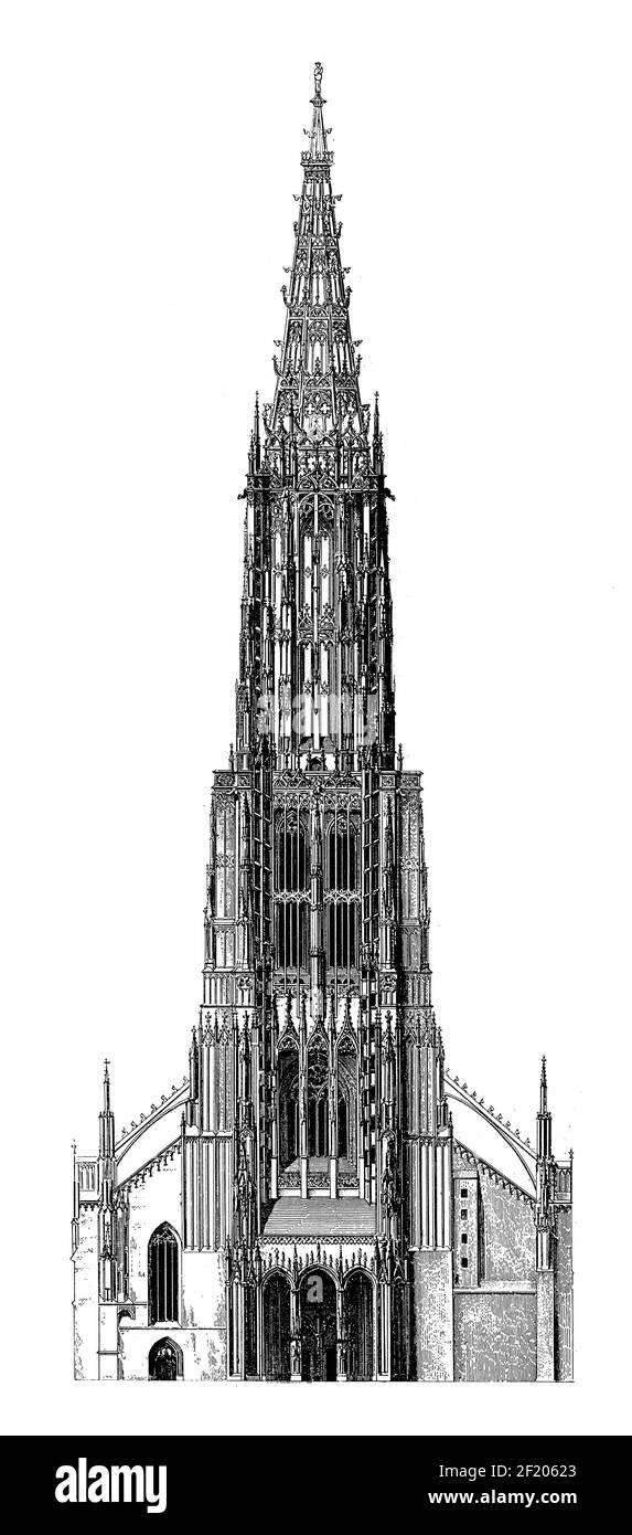 Antique 19th-century engraving of Ulm Minster. Published in Systematischer Bilder-Atlas zum Conversations-Lexikon, Ikonographische Encyklopaedie der W Stock Photo