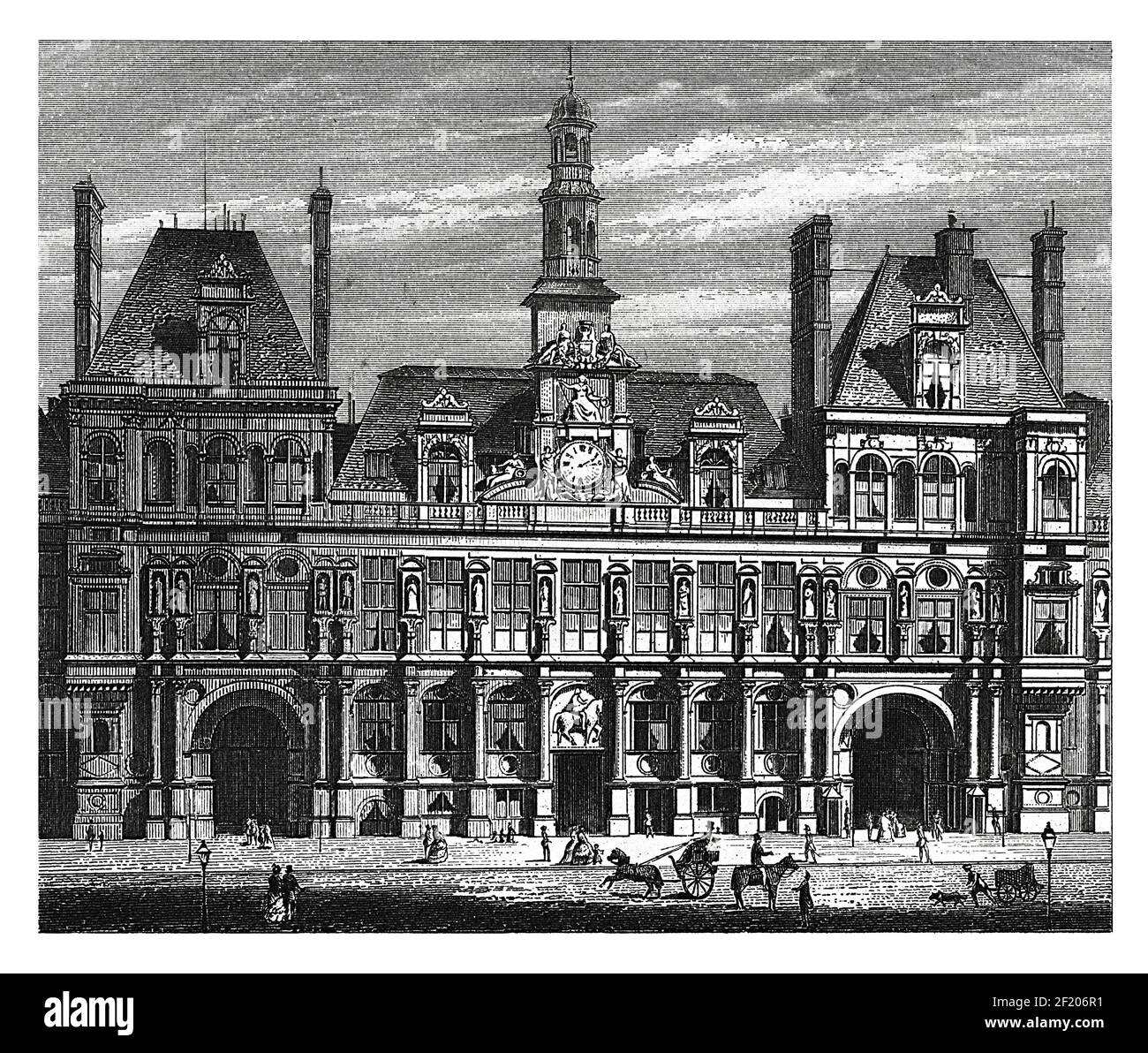 Antique 19th-century engraving of Hotel de Ville in Paris, France. Published in Systematischer Bilder-Atlas zum Conversations-Lexikon, Ikonographische Stock Photo