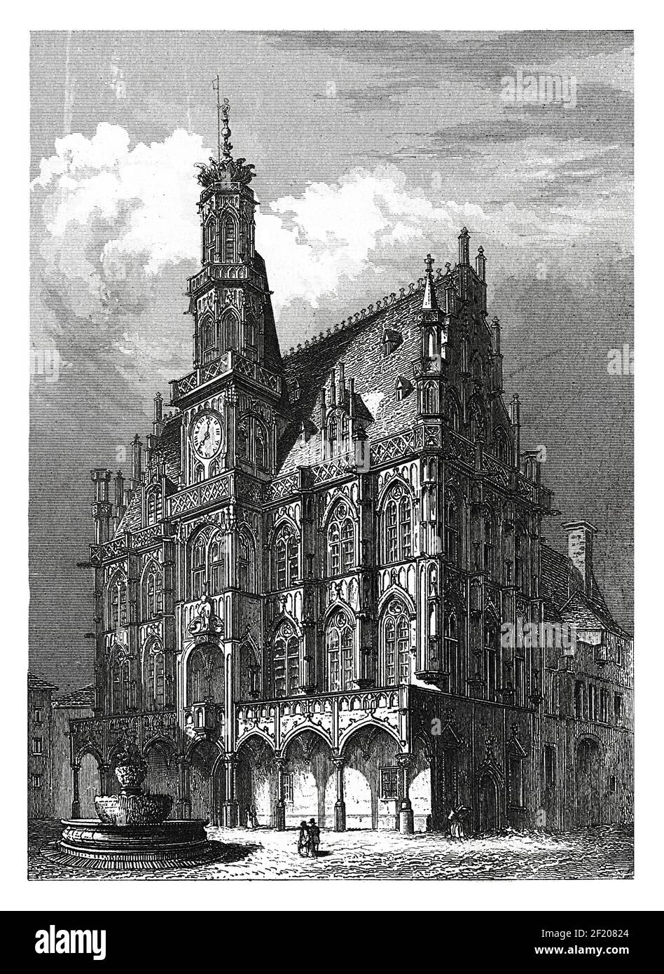 Antique illustration of Oudenaarde Town Hall. Published in Systematischer Bilder-Atlas zum Conversations-Lexikon, Ikonographische Encyklopaedie der Wi Stock Photo