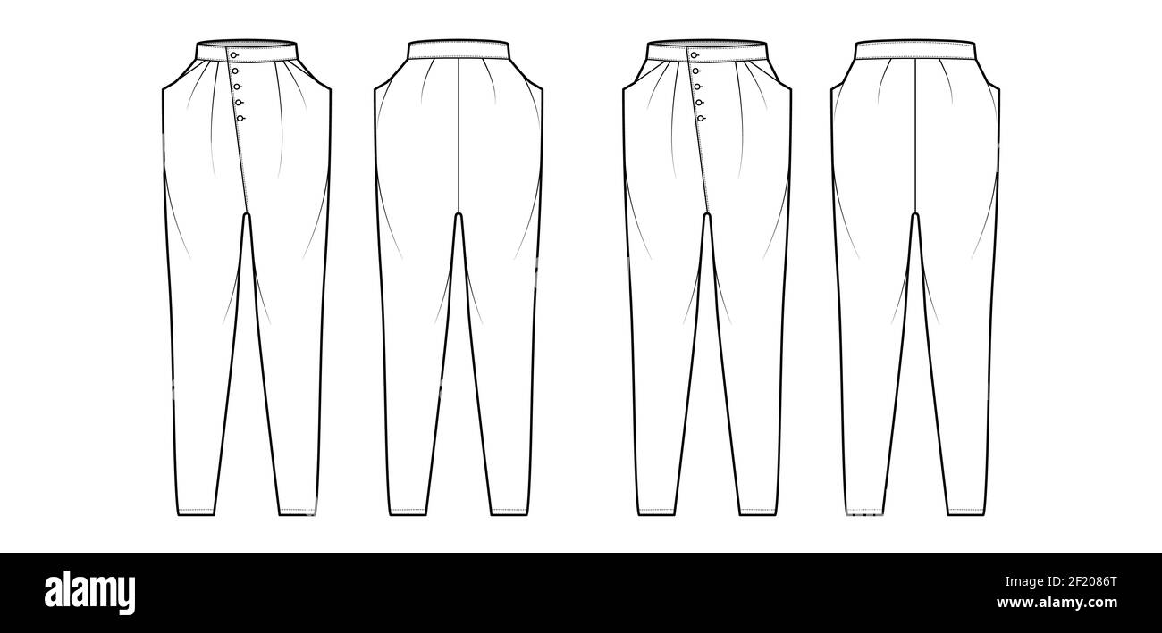 Set of Tapered Baggy pants technical fashion illustration with low normal waist, high rise, slash pockets, draping front. Flat apparel template back, white color style. Women, men, unisex CAD mockup Stock Vector