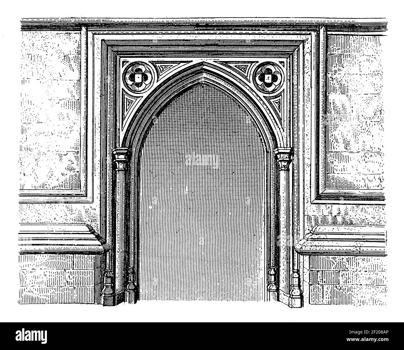 Antique illustration of portal of the Church of St. Mary and All Saints in Fotheringhay. Published in Systematischer Bilder-Atlas zum Conversations-Le Stock Photo