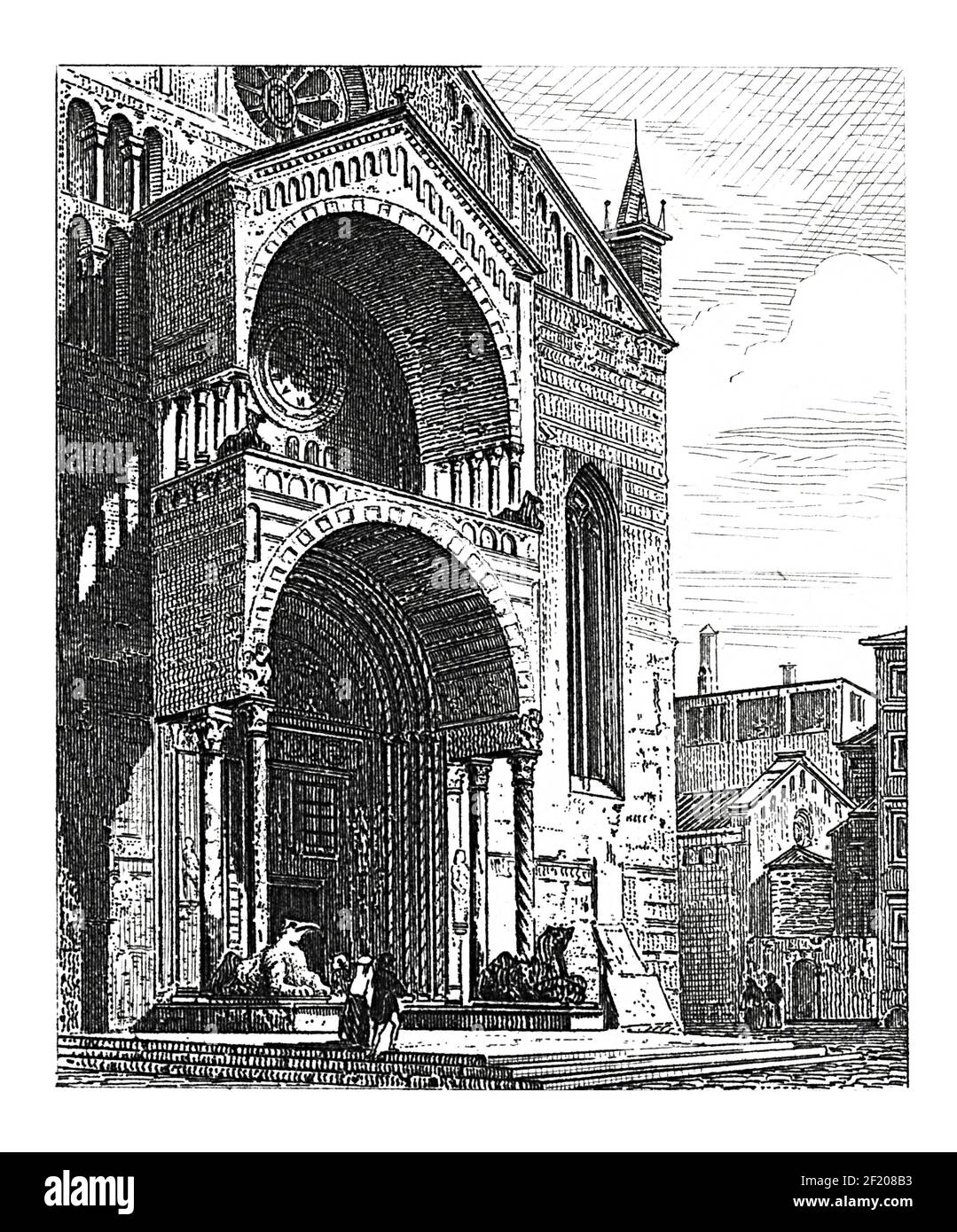 Antique engraving of portal of Verona Cathedral. Published in Systematischer Bilder-Atlas zum Conversations-Lexikon, Ikonographische Encyklopaedie der Stock Photo