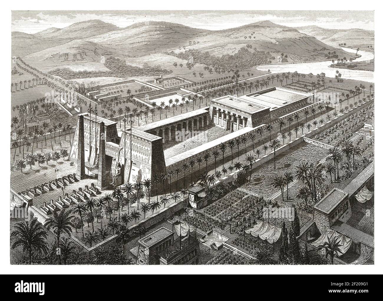 Antique 19th-century illustration of the temple of Edfu. Published in Systematischer Bilder-Atlas zum Conversations-Lexikon, Ikonographische Encyklopa Stock Photo