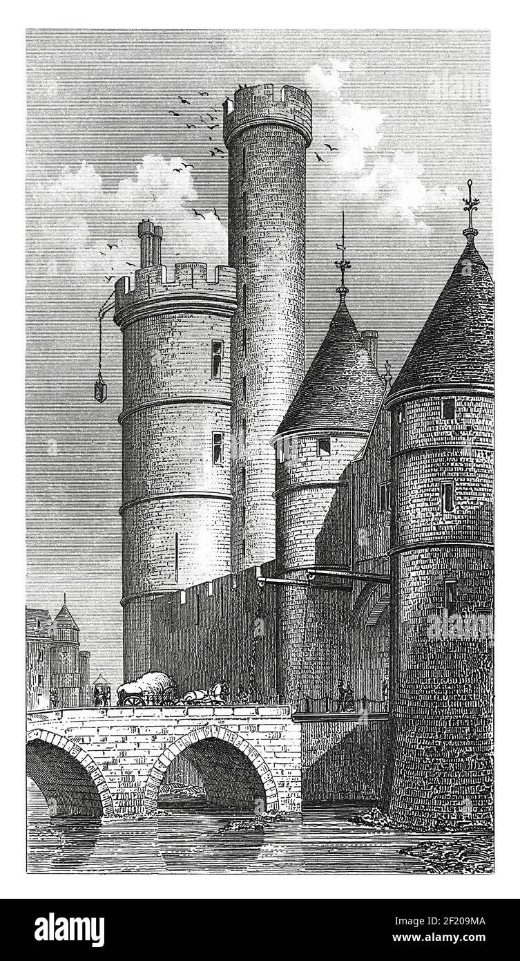 19th-century illustration of Tour de Nesle (Tower of Lust) in Paris, France. Demoished in XVIIth century. Stock Photo