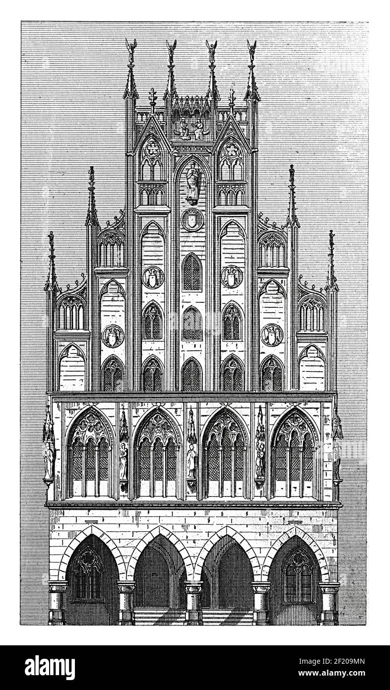 Antique 19th-century engraving of town hall in Munster, Germany ...