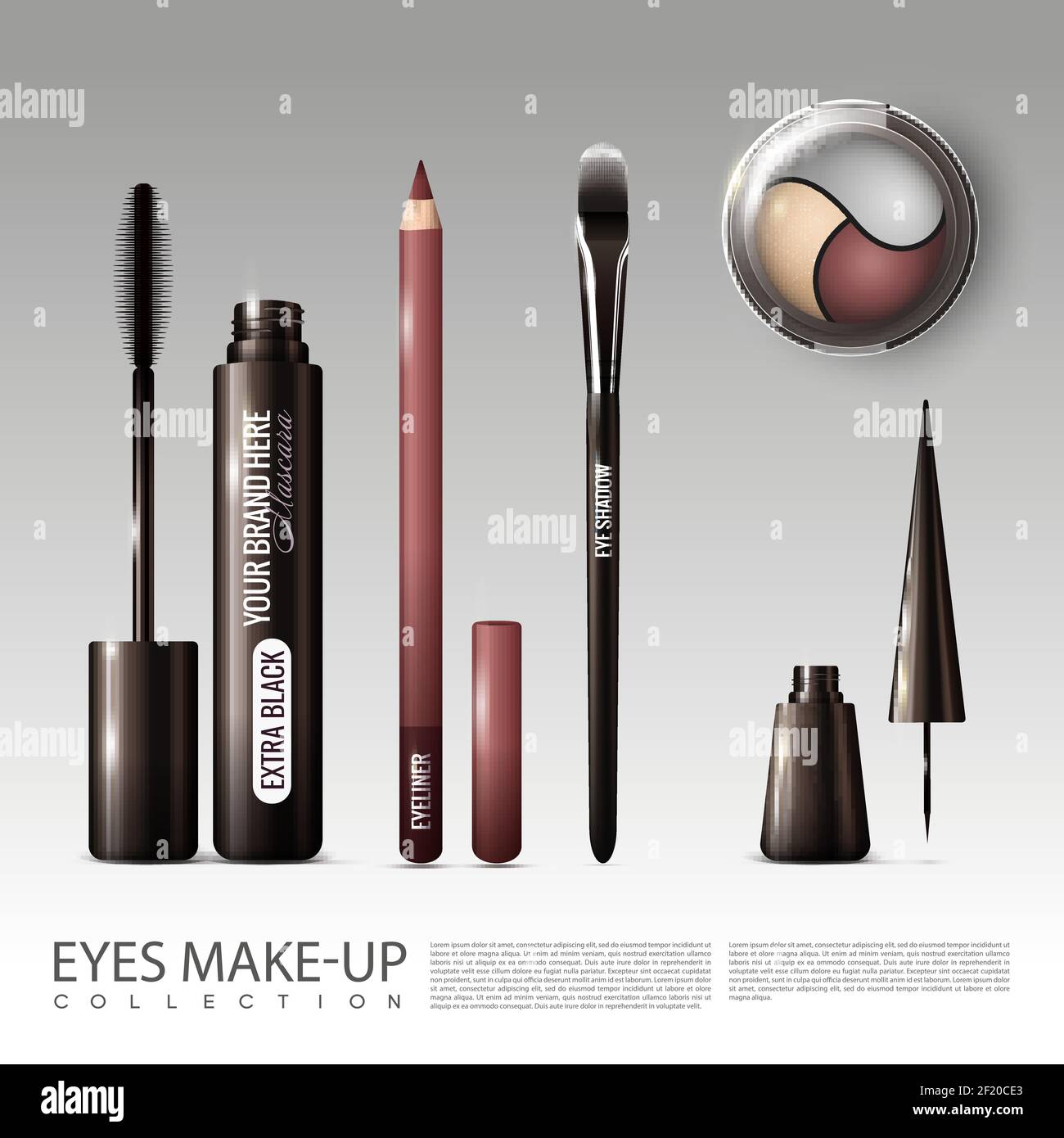 Realistic professional cosmetic tools set with mascara eye liner shadow