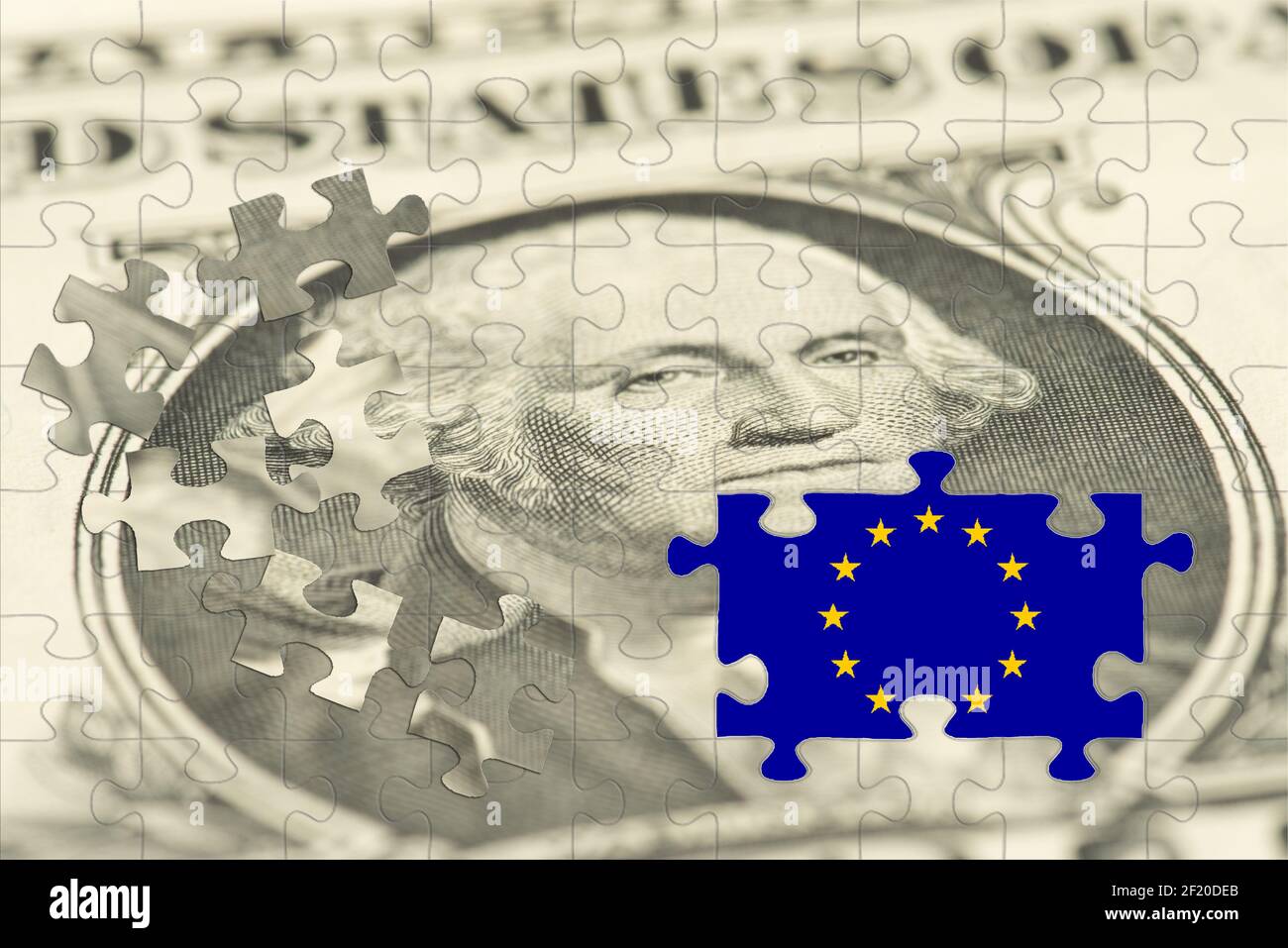 Dollar banknotes and flag of the European Union EU Stock Photo