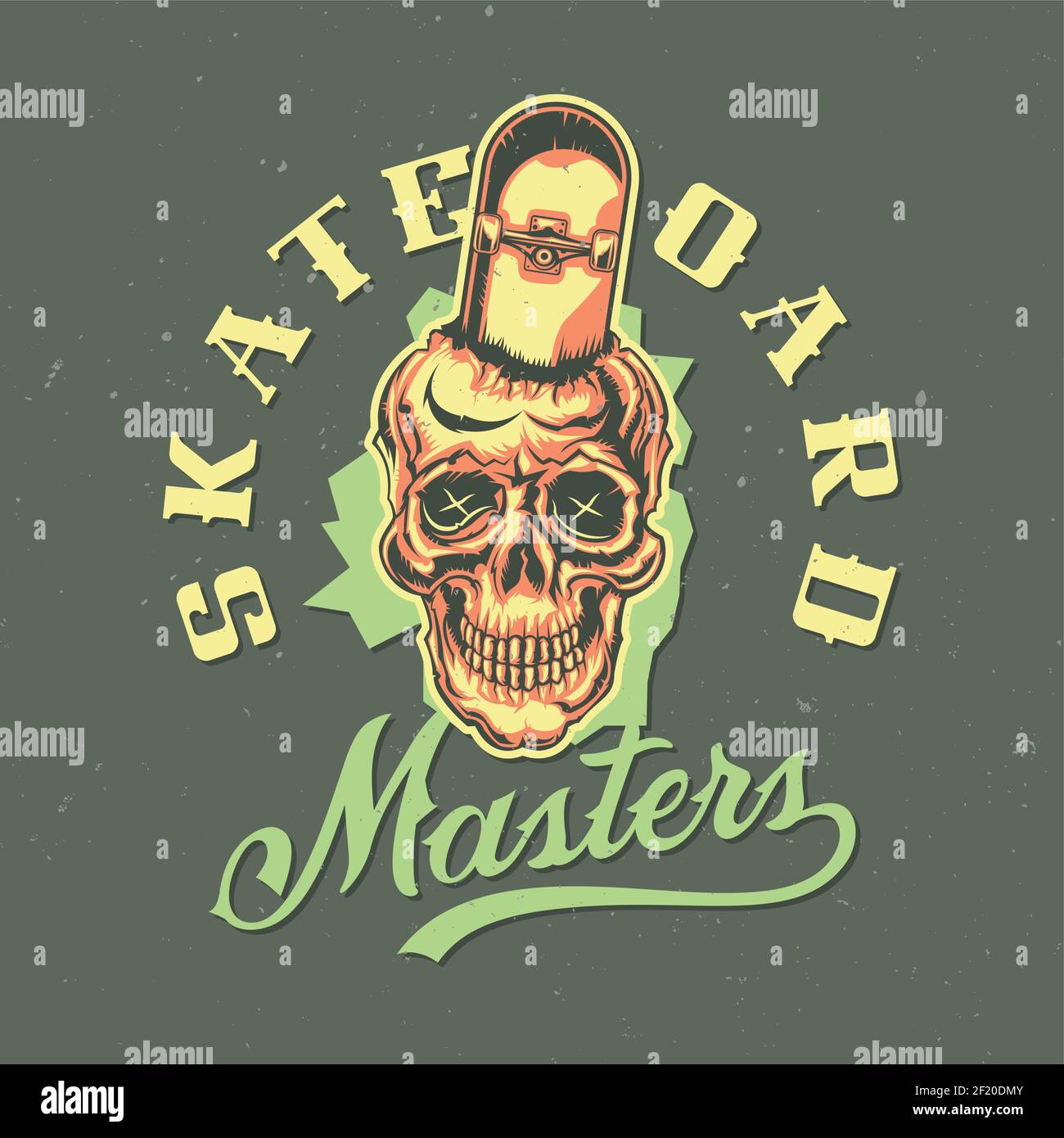 T-shirt or poster design with illustraion of skull with skateboard Stock Vector
