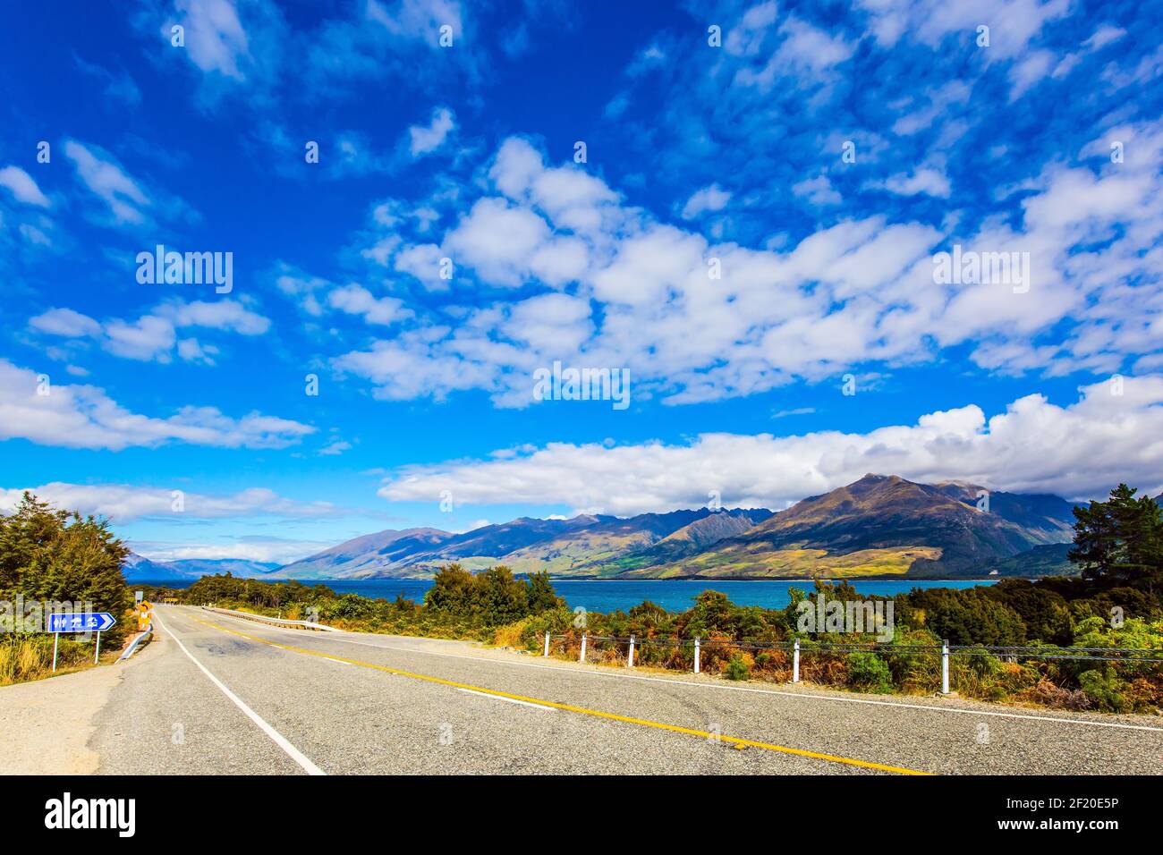 Asphalt road around Lake Wanaka Stock Photo