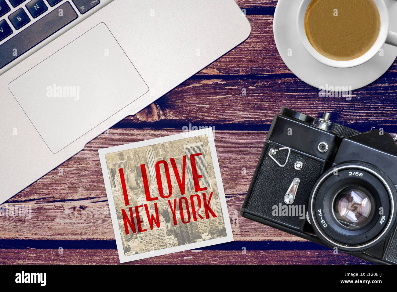 A photo camera, photo and slogan I Love New York Stock Photo