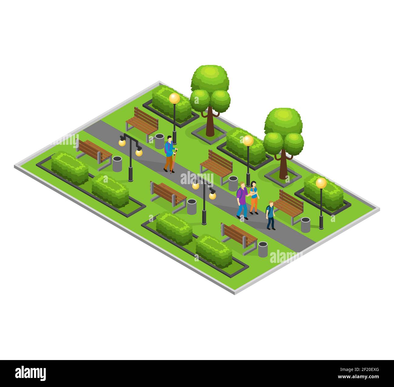 Isometric city park concept with walking people green trees bushes ...