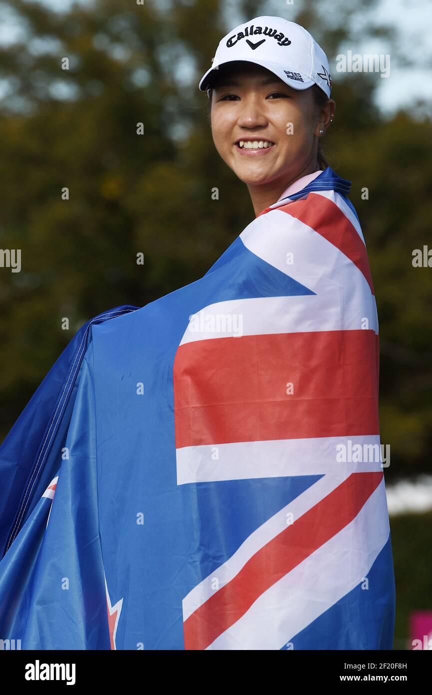 Lydia Ko of New Zeland poses with the New Zeland Flag during the final round of LPGA Evian Championship 2015, day 7, at Evian Resort Golf Club, in Evian-Les-Bains, France, on September 13, 2015. Photo Philippe Millereau / KMSP / DPPI Stock Photo
