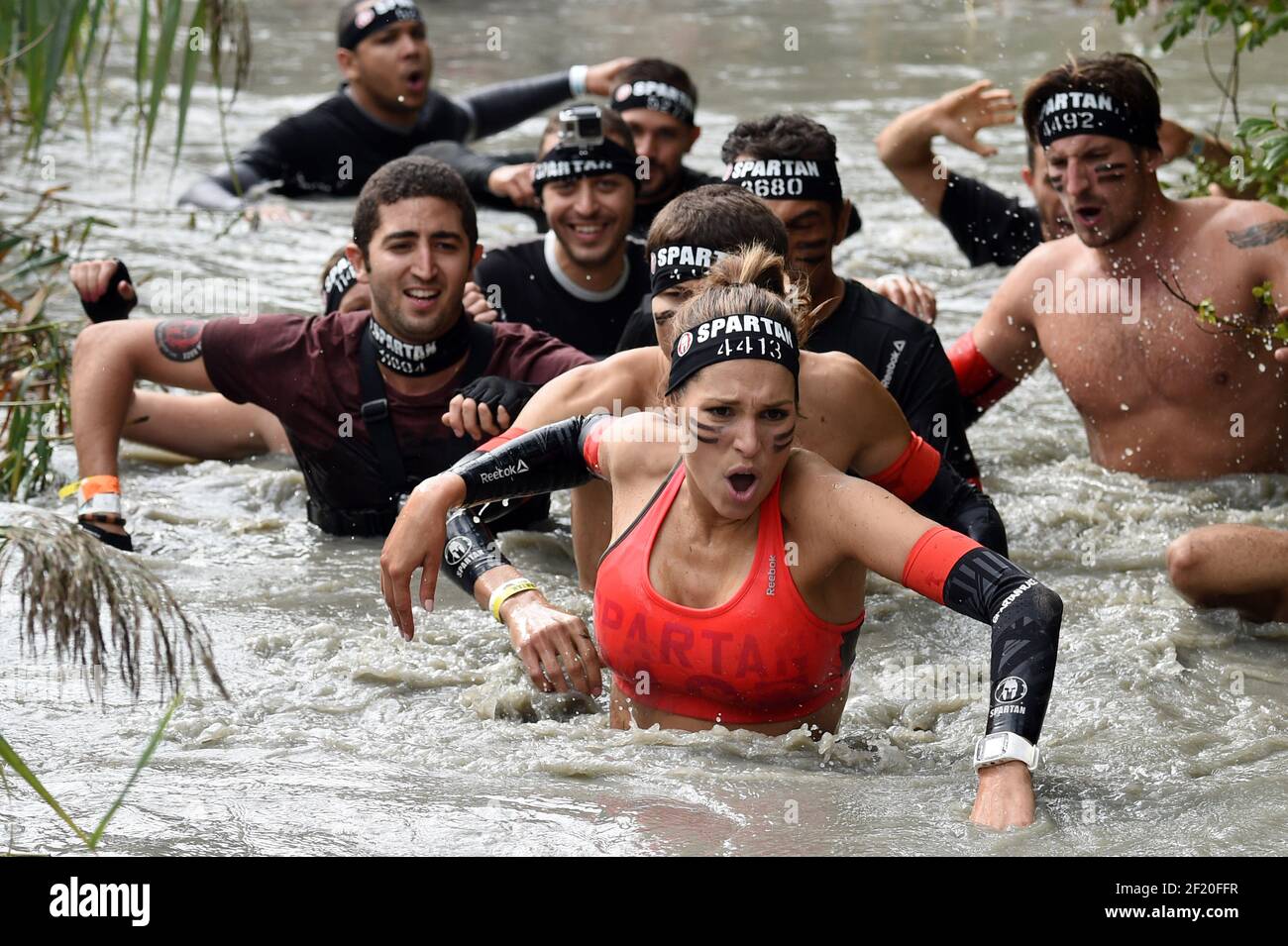 The Miss France 2011 Laury Thilleman competes during the Reebok Spartan Race  in Jablines, on September 19, 2015. The Spartan Race is a race in the mud  with multiple obstacles. Photo Philippe