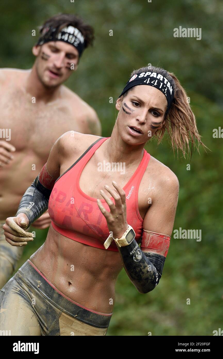 The Miss France 2011 Laury Thilleman competes during the Reebok Spartan  Race in Jablines, on September 19, 2015. The Spartan Race is a race in the  mud with multiple obstacles. Photo Philippe