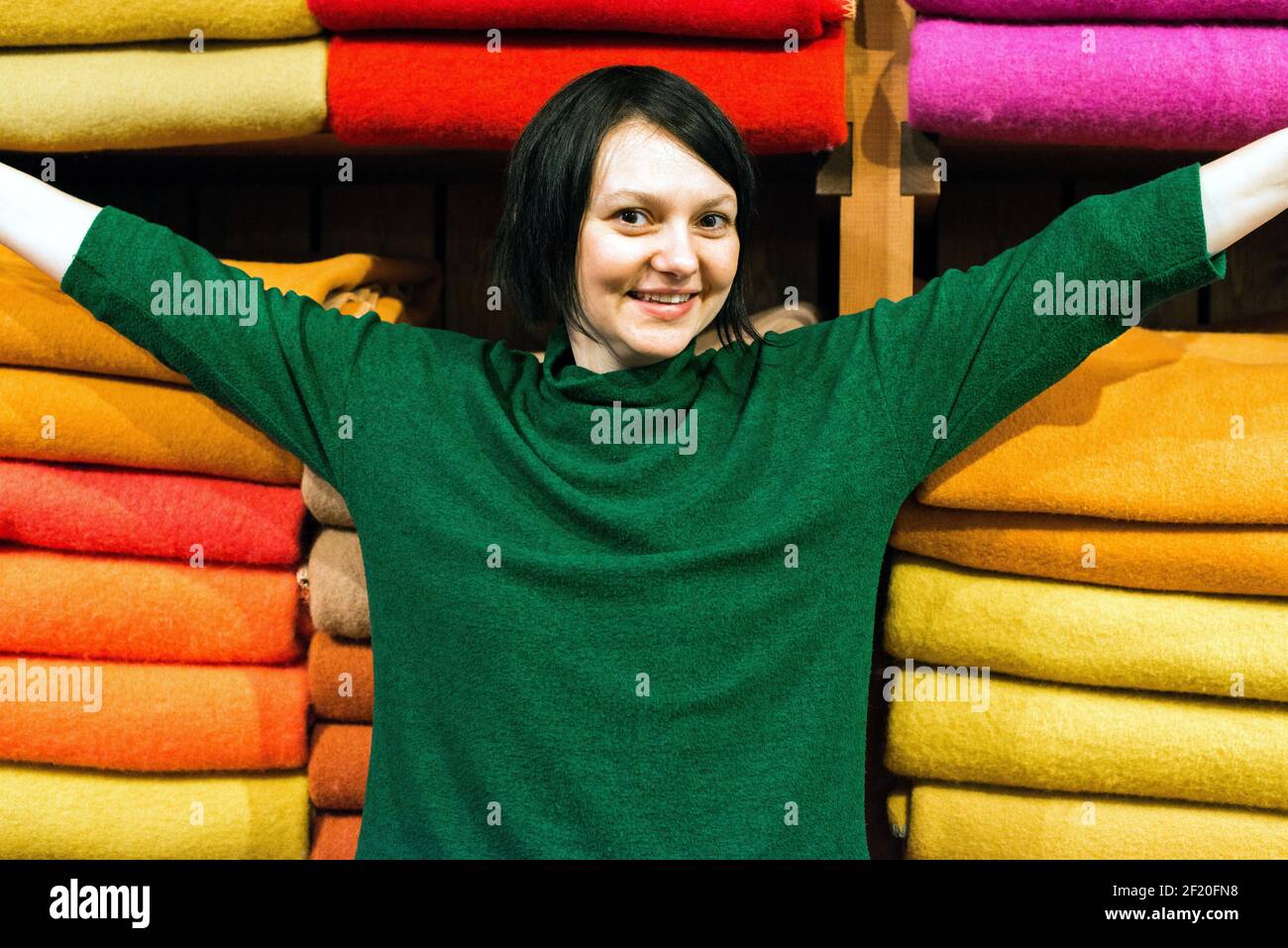 Tilburg, Netherlands. Portrait of a Kroatian female costume designer visiting teh Textile Museum for inspiration. Stock Photo
