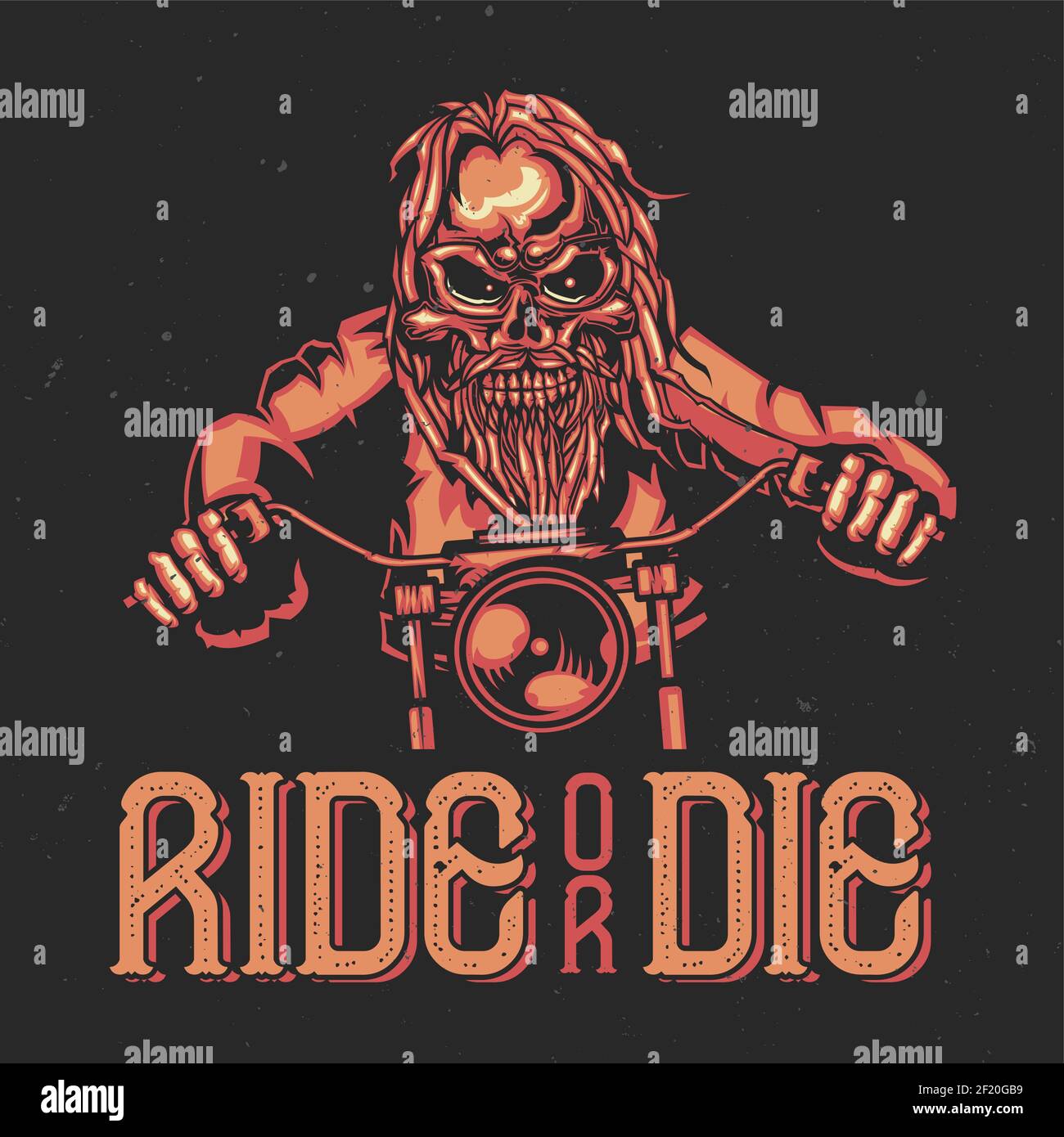 T-shirt or poster design with illustration of a skeleton on bike. Stock Vector