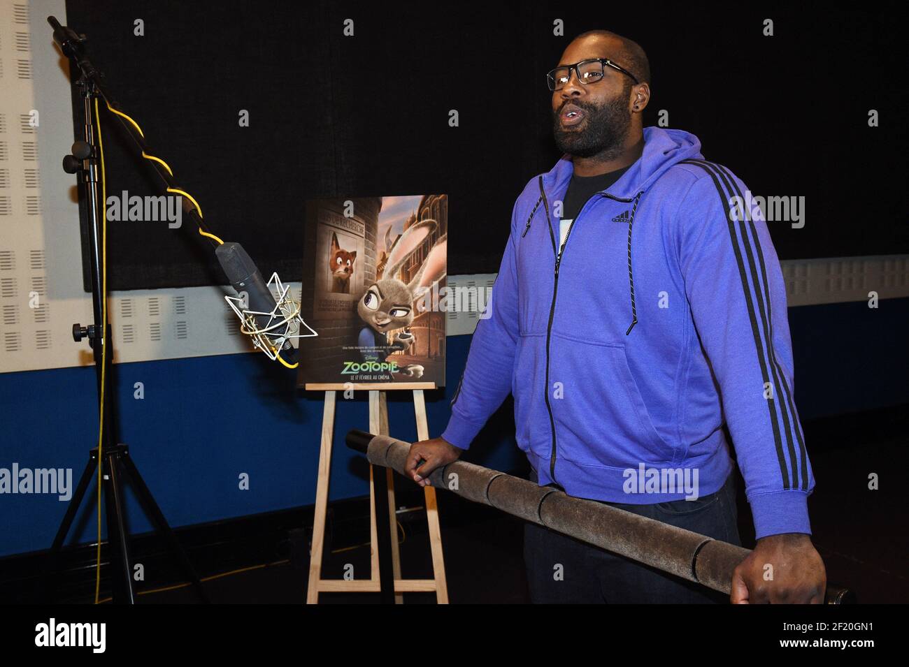 The Olympic Champion and 8 times World Champion Judo Teddy Riner lends his voice for the dubbing of the cartoon movie Zootopia (Walt Disney Animation Studio), at Dubbing Brothers Studio, in La Plaine St Denis, France, on january 7, 2016. Teddy Riner is Finnick and the movie will be in cinema February 17 - Photo Philippe Millereau / KMSP / DPPI Stock Photo