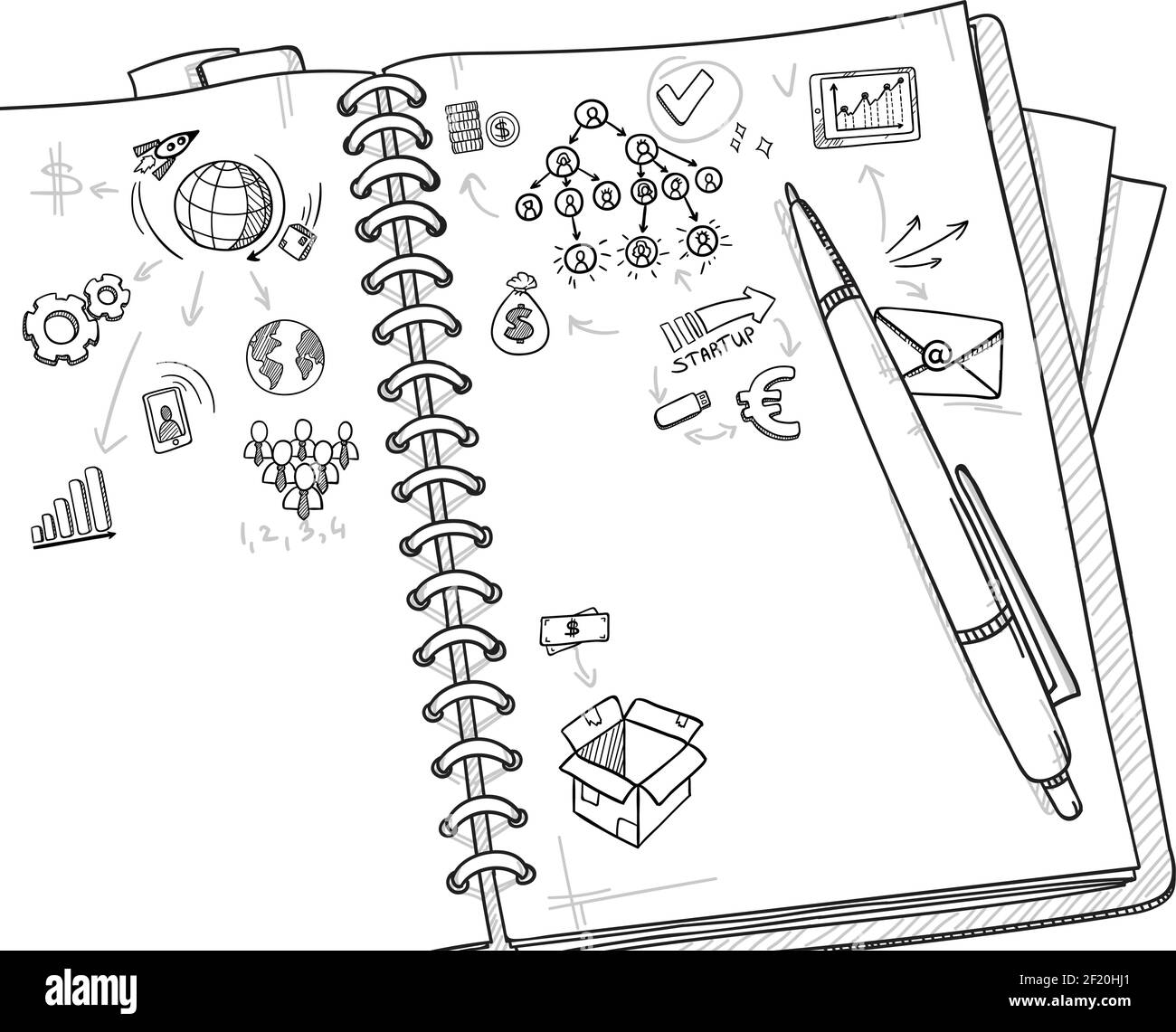 Sketch monochrome business concept with teamwork strategy marketing and financial elements drawing in notebook vector illustration Stock Vector