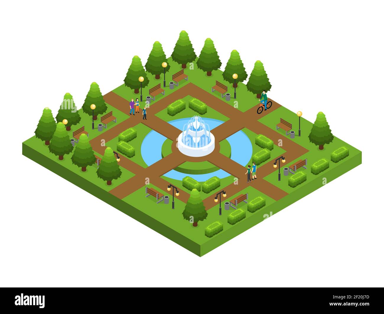 Isometric green city park concept with people trees bushes lanterns ...