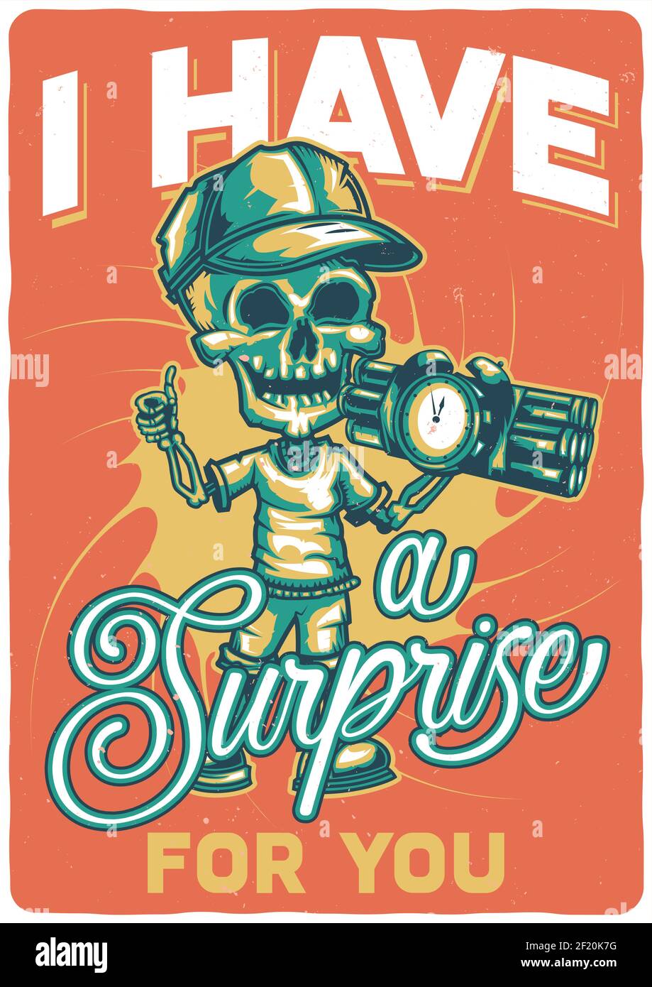 T-shirt or poster design with illustration of a skeleton with a bomb ...
