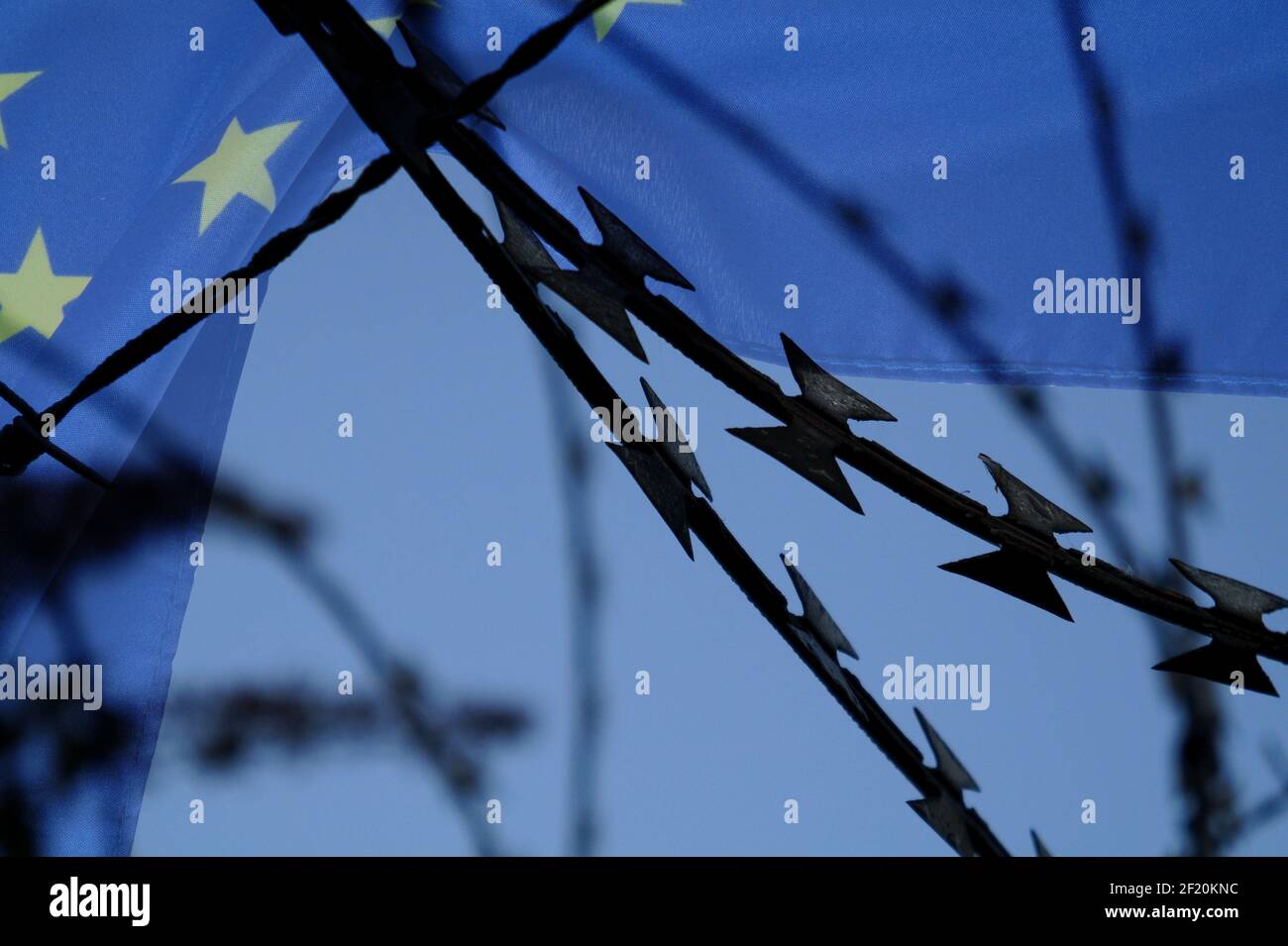 European Union flag and barbed wire Stock Photo