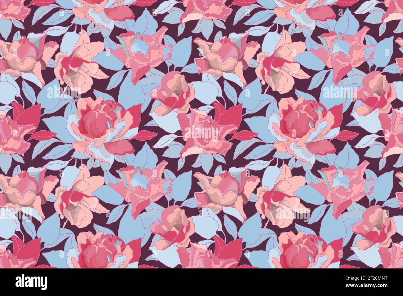 Vector floral seamless pattern. Pink roses and blue leaves Stock Vector ...