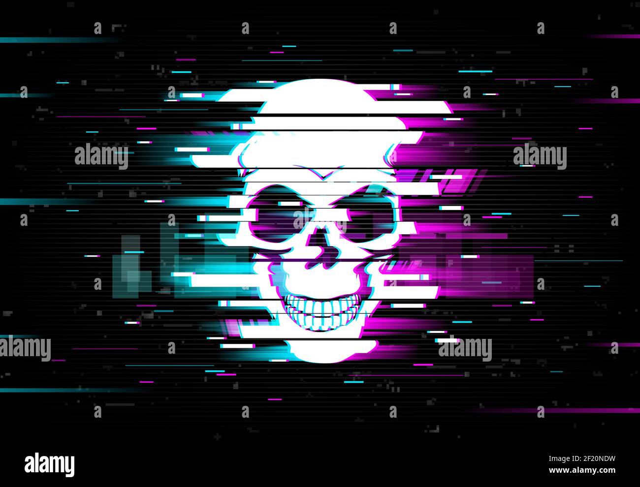 Glitch skull vector distorted neon glowing pixelized cranium or jolly
