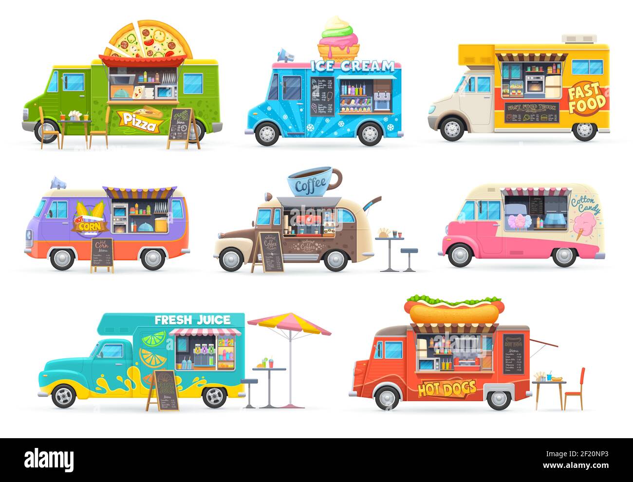 Food trucks isolated vector cars, cartoon vans for street food selling