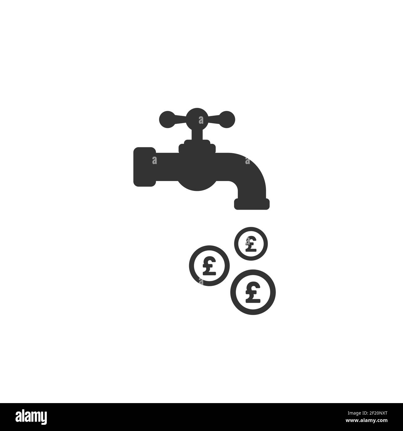 Tap or faucet with pound coins. Money resource, passive income concept. Finance flow, easy earnings, investment. Vector illustration on white backgrou Stock Vector
