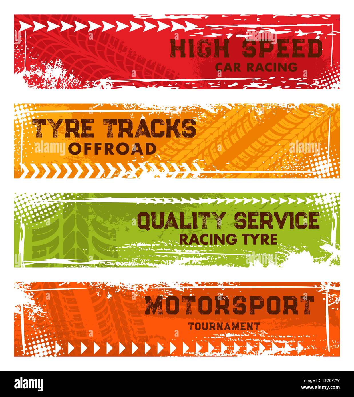 Car racing, off road tracks and motorsport tournament banners. Automobile tire dirty traces, wheel protector trails in mud and vehicle rubber threads Stock Vector