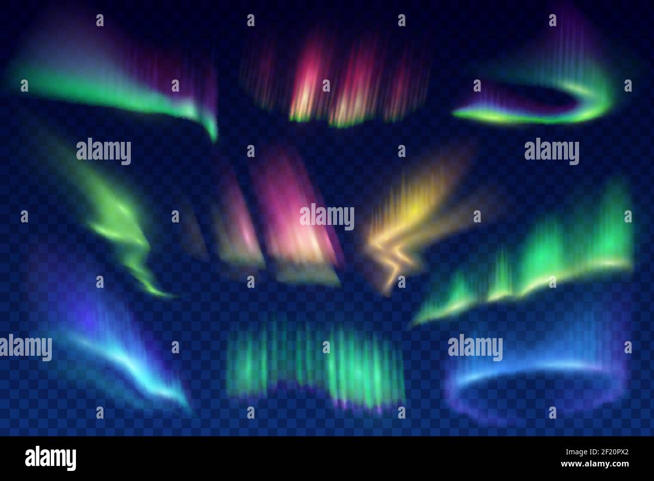 Konvertere tragt opstrøms Aurora borealis polar lights set. Glowing in sky different shapes and color northern  lights, aurorae natural phenomenon in atmosphere 3d realistic vec Stock  Vector Image & Art - Alamy