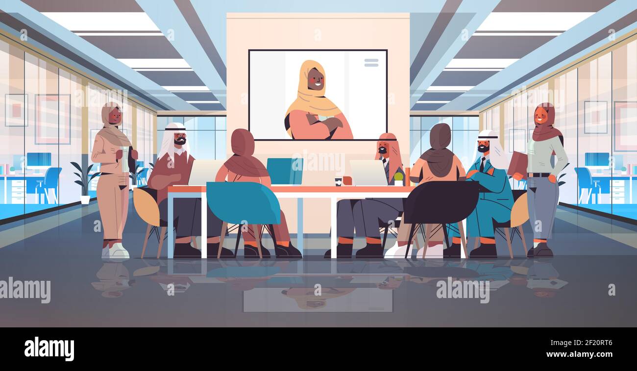 team of arabic medical specialists having video conference with female ...