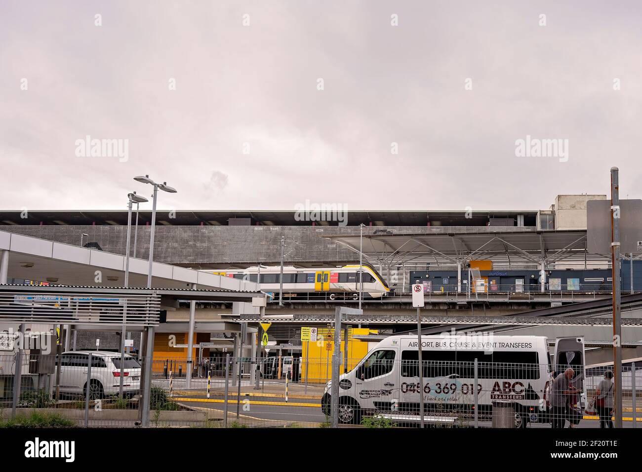 Brisbane Airport, Queensland, Australia March 2021 A train and cab arriving at the airport to