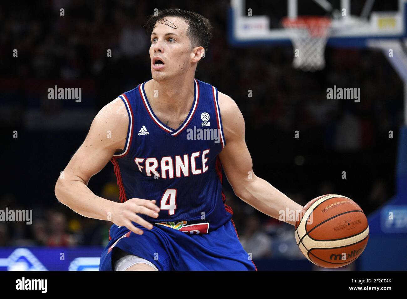France's Thomas Heurtel competes during the Friendly Game Basket Ball Match  between France and Serbia, at