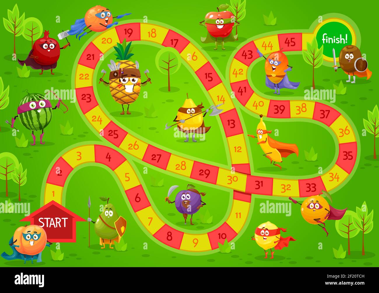 Kids board game vector template, step boardgame with block path, numbers,  start, finish and cartoon fruits fairytale and super hero characters.  Educat Stock Vector Image & Art - Alamy